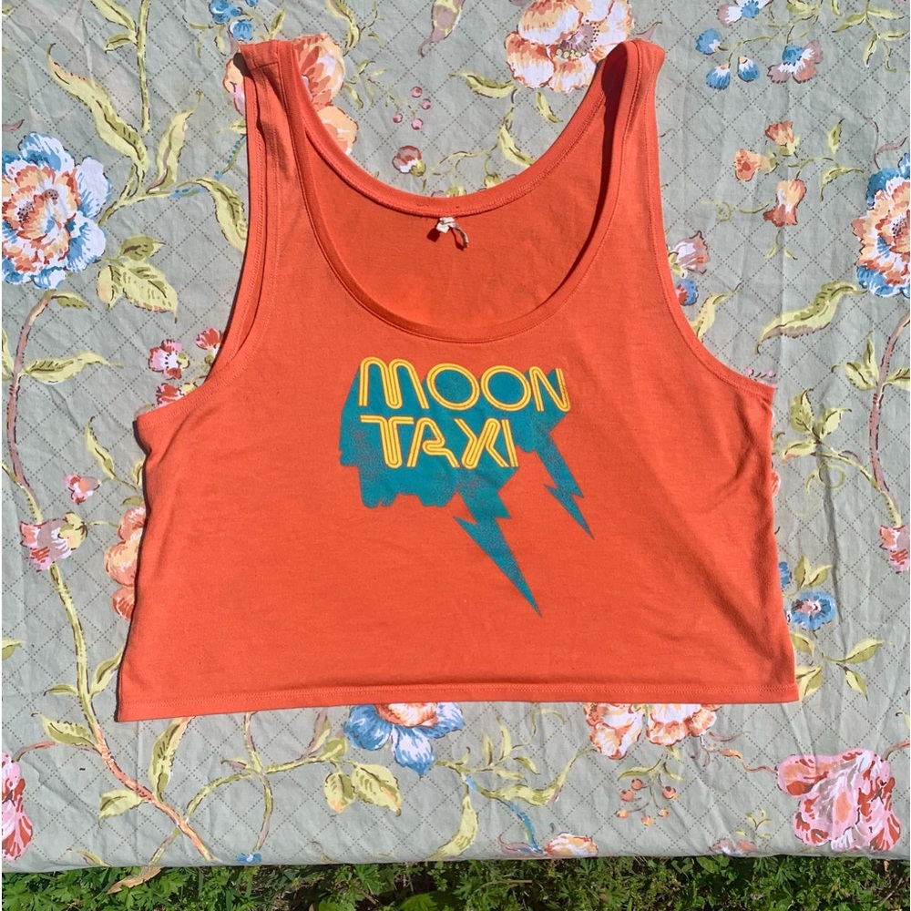 Moon Taxi band tee Cropped Ladies Cut Tank Top Orange with Blue Logo Size Small